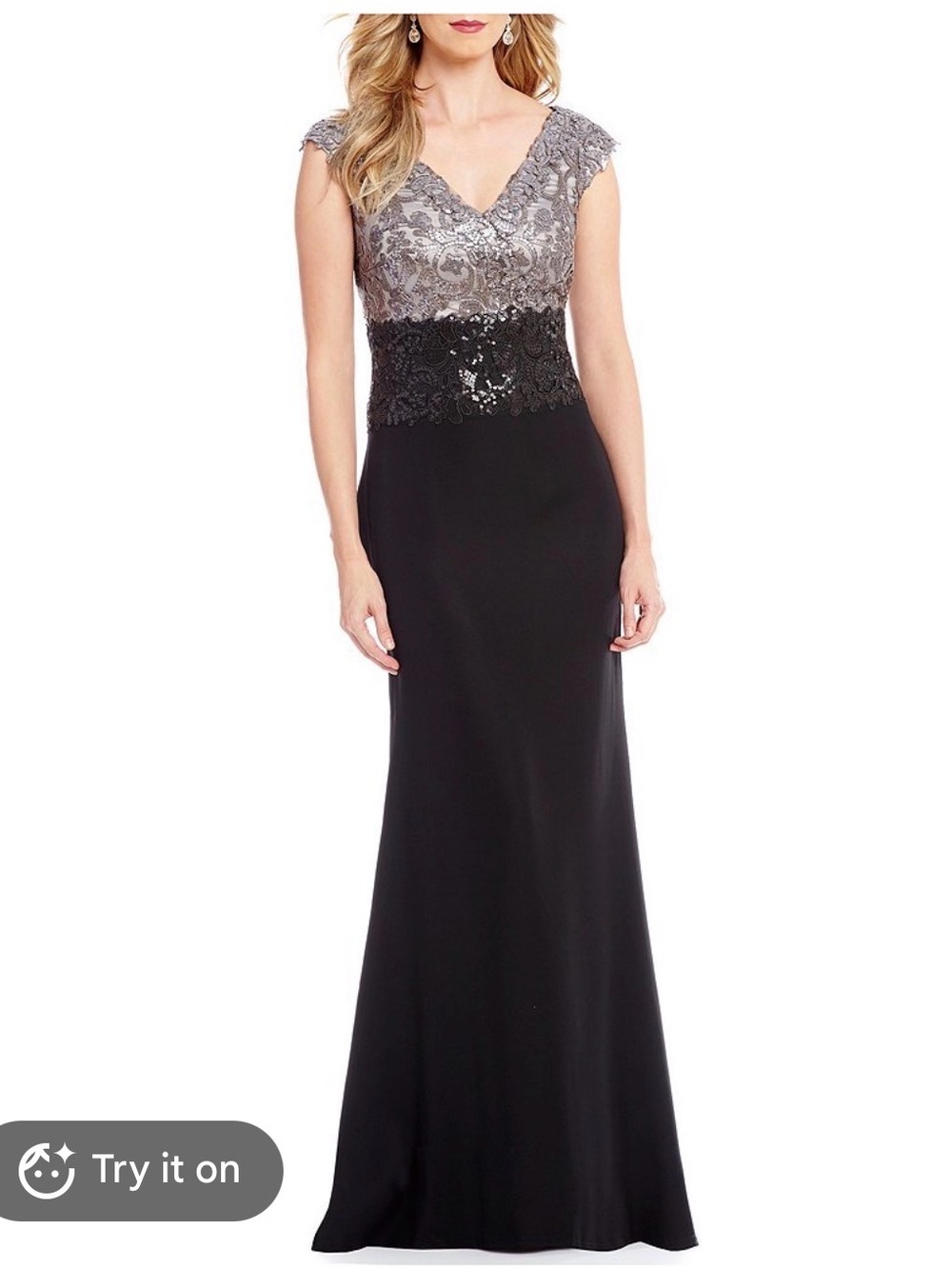 TADASHI SHOJI Pearl Grey Black Two-Tone Sequin Lace Bodice Maxi Gown Dress sz 8
